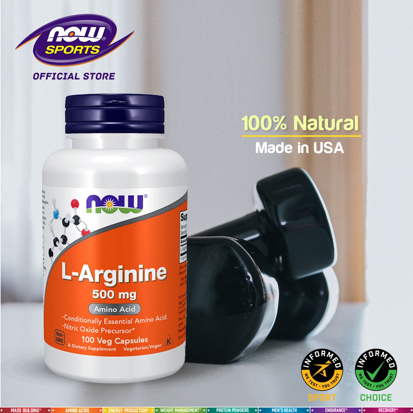 NOW Supplements, L-Arginine 500 mg, Nitric Oxide Precursor*, Amino Acid, 100 Veg Capsules