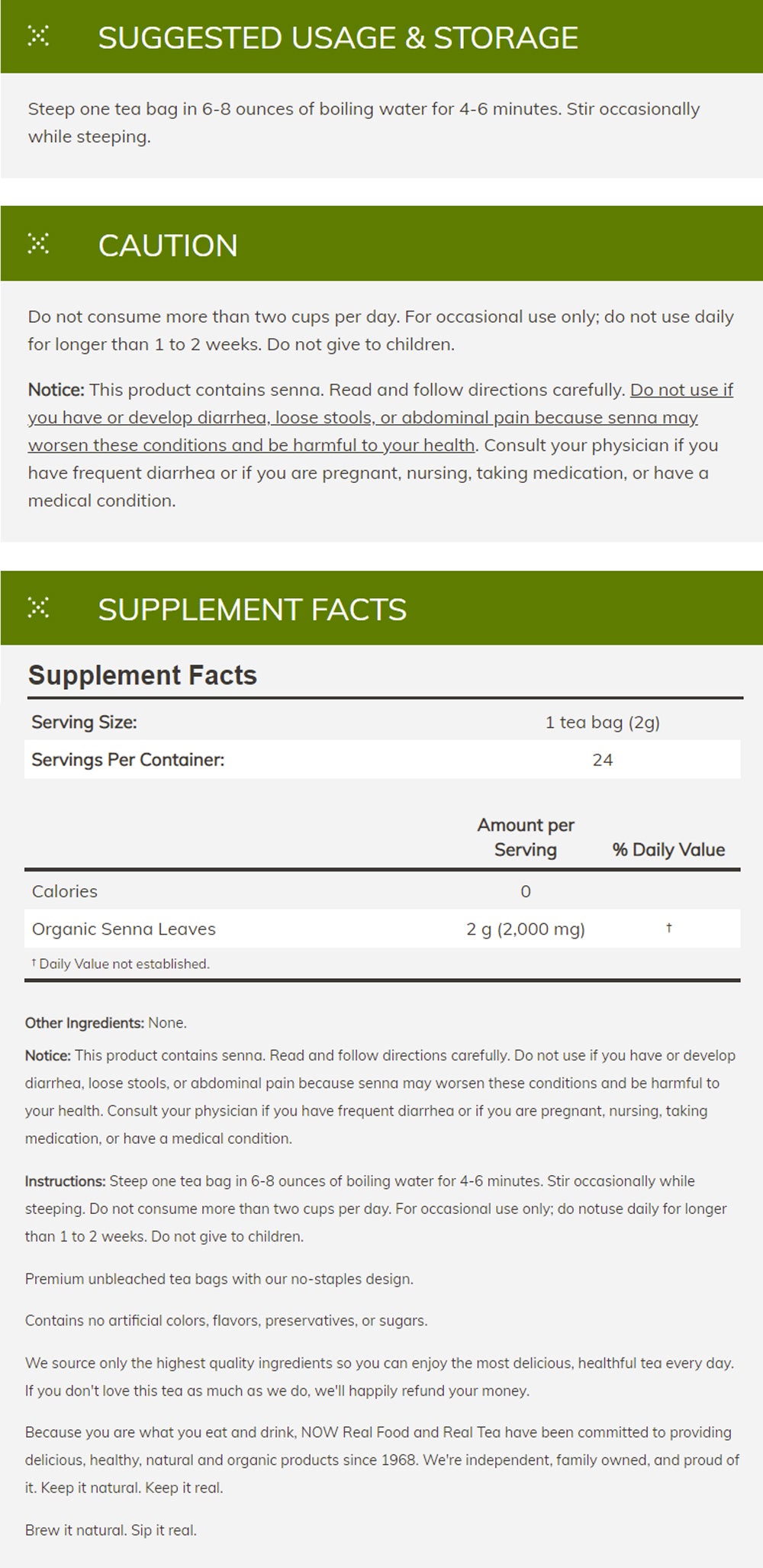 NOW Foods Give a Tea™ Organic Senna, Herbal Laxative*, Caffeine-Free, 24 bags