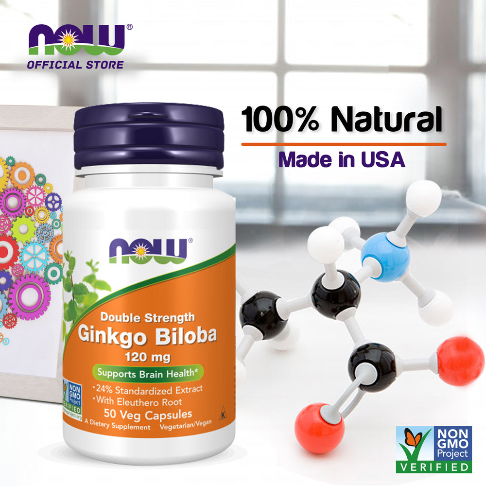 NOW Supplements, Ginkgo Biloba 120 mg, Double Strength, Non-GMO Project Verified, 50 Veg Capsules