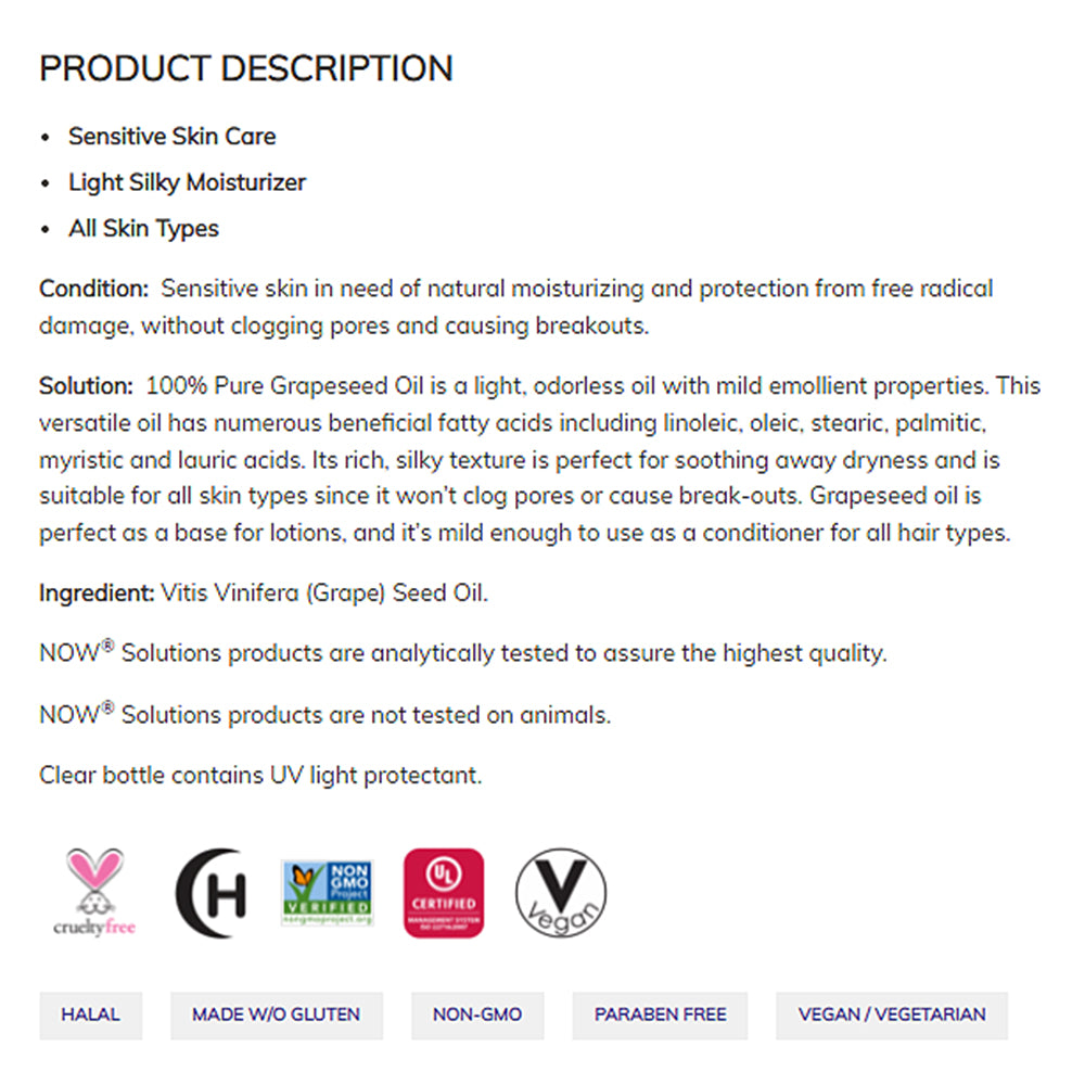 NOW Solutions, Grapeseed Oil, Skin Care for Sensitive Skin, Light Silky Moisturizer for All Skin Types, 16-Ounce (473 ml)