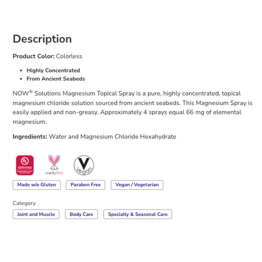 NOW Solutions, Magnesium Topical Spray, from the Ancient Zechstein Seabed, Highly Concentrated, 8-Ounce (237ml)