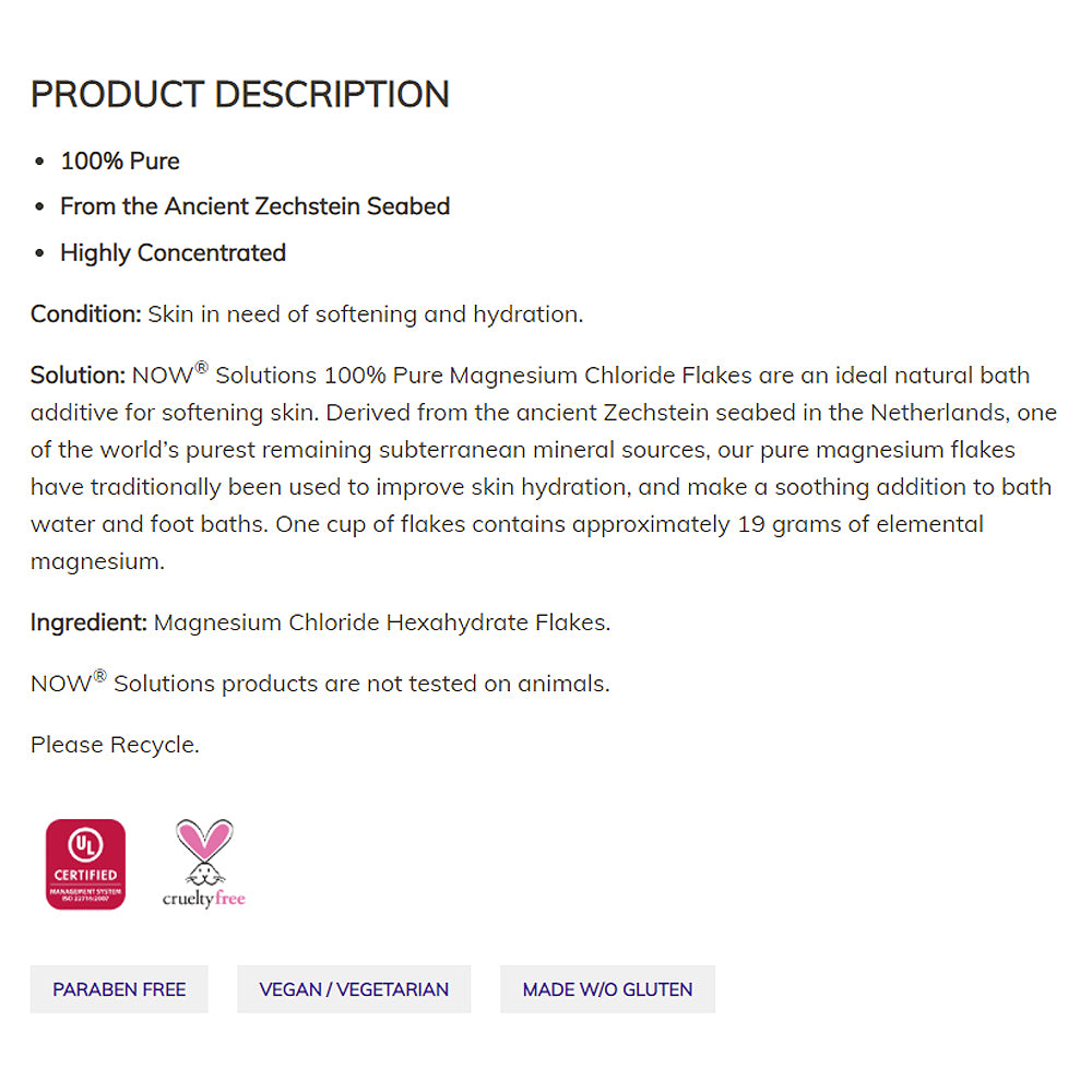 NOW Solutions, Magnesium Flakes, 100% Pure, from the Ancient Zechstein Seabed, Highly Concentrated, 54-Ounce (1531g)