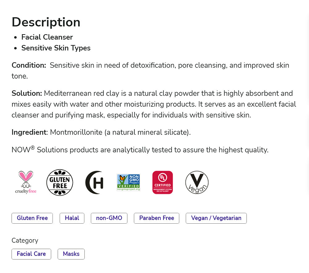 NOW Solutions, Mediterranean Red Clay Powder, pure powder for a Facial Cleaning Mask - 6 oz