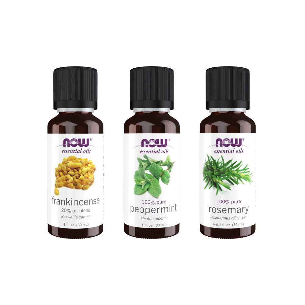 Now Essential Oils, 3 Variety of 30ml: Back-To-School Study Session - Frankincense Blend, Peppermint, Rosemary