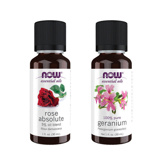 Now Essential Oils, 2 Variety of 30ml: Floral Meditation - Rose Absolute Oil Blend, Geranium Oil