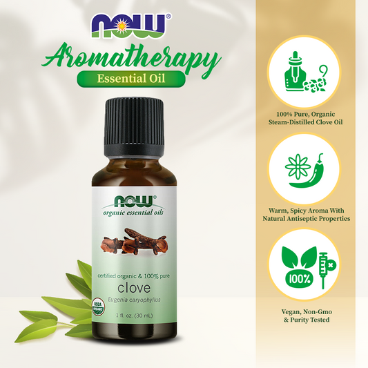 NOW Essential Oils, Organic Clove Oil, Balancing Aromatherapy Scent, Steam Distilled, 100% Pure, Vegan, Child Resistant Cap, 1-Ounce ( 30 ml)