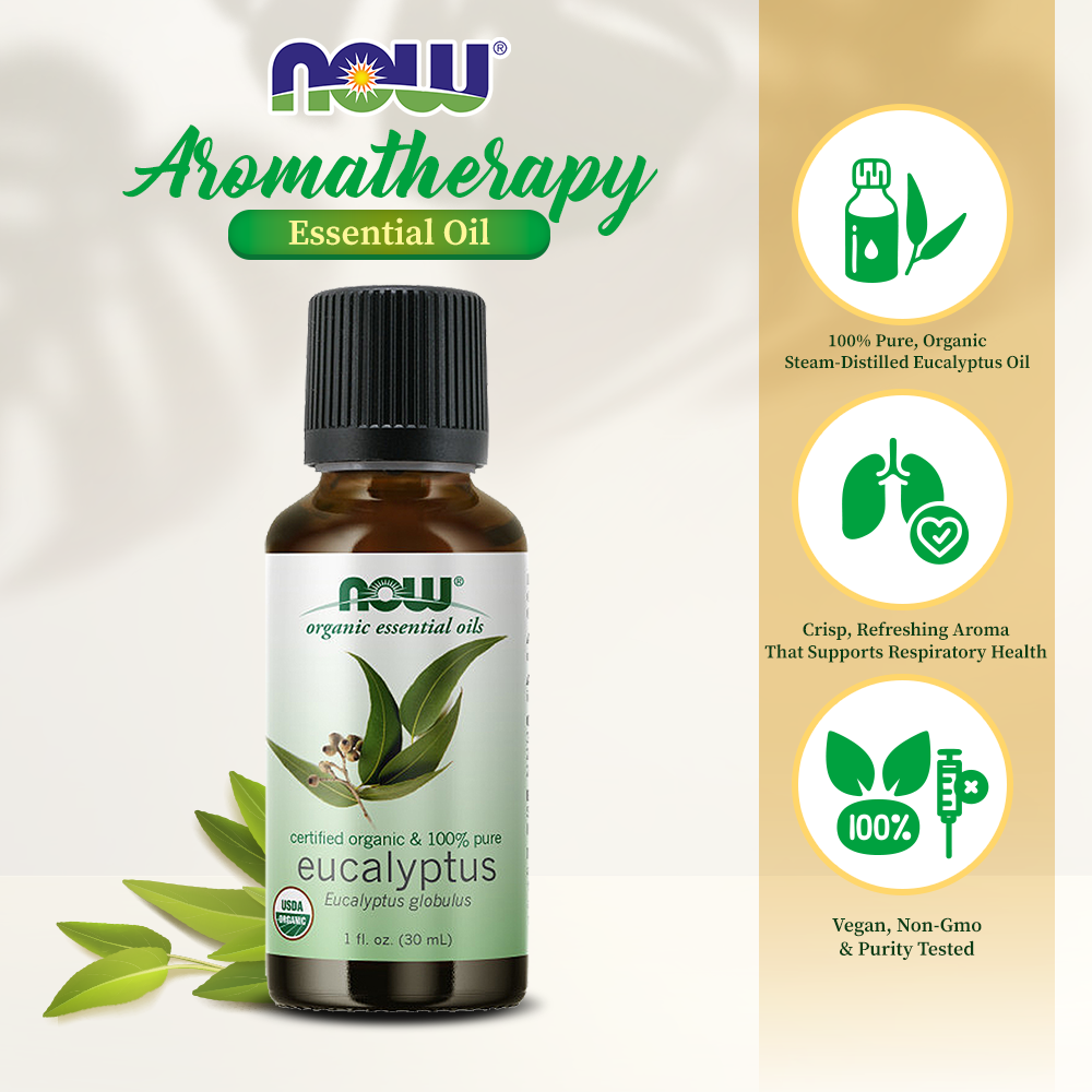 NOW Essential Oils, Organic Eucalyptus Globulus Oil, Clarifying Aromatherapy Scent, Steam Distilled, 100% Pure, Vegan, Child Resistant Cap, 1-Ounce (30ml)