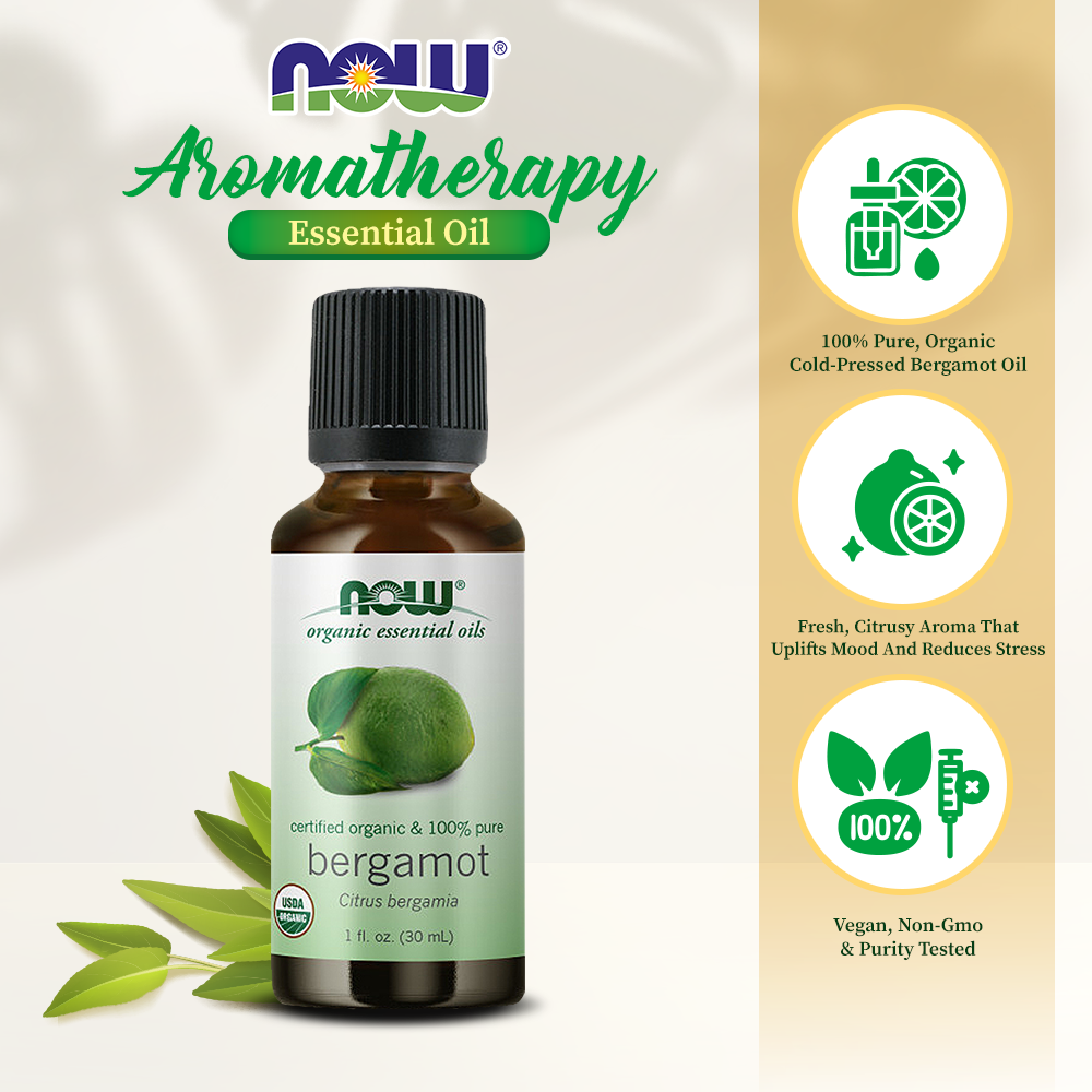 NOW Essential Oils, Organic Bergamot Oil, Sweet Aromatherapy Scent, Cold Pressed, 100% Pure, Vegan, Child Resistant Cap, 1-Ounce (30ml)