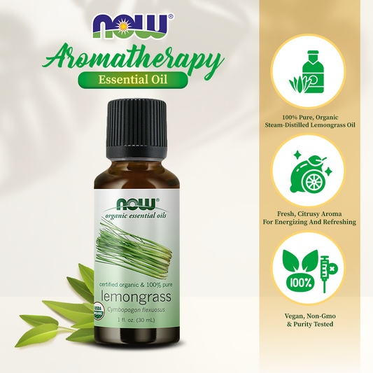 NOW Essential Oils, Organic Lemongrass Oil, Uplifting Aromatherapy Scent, Steam Distilled, 100% Pure, Vegan, Child Resistant Cap, 1-Ounce (30ml)