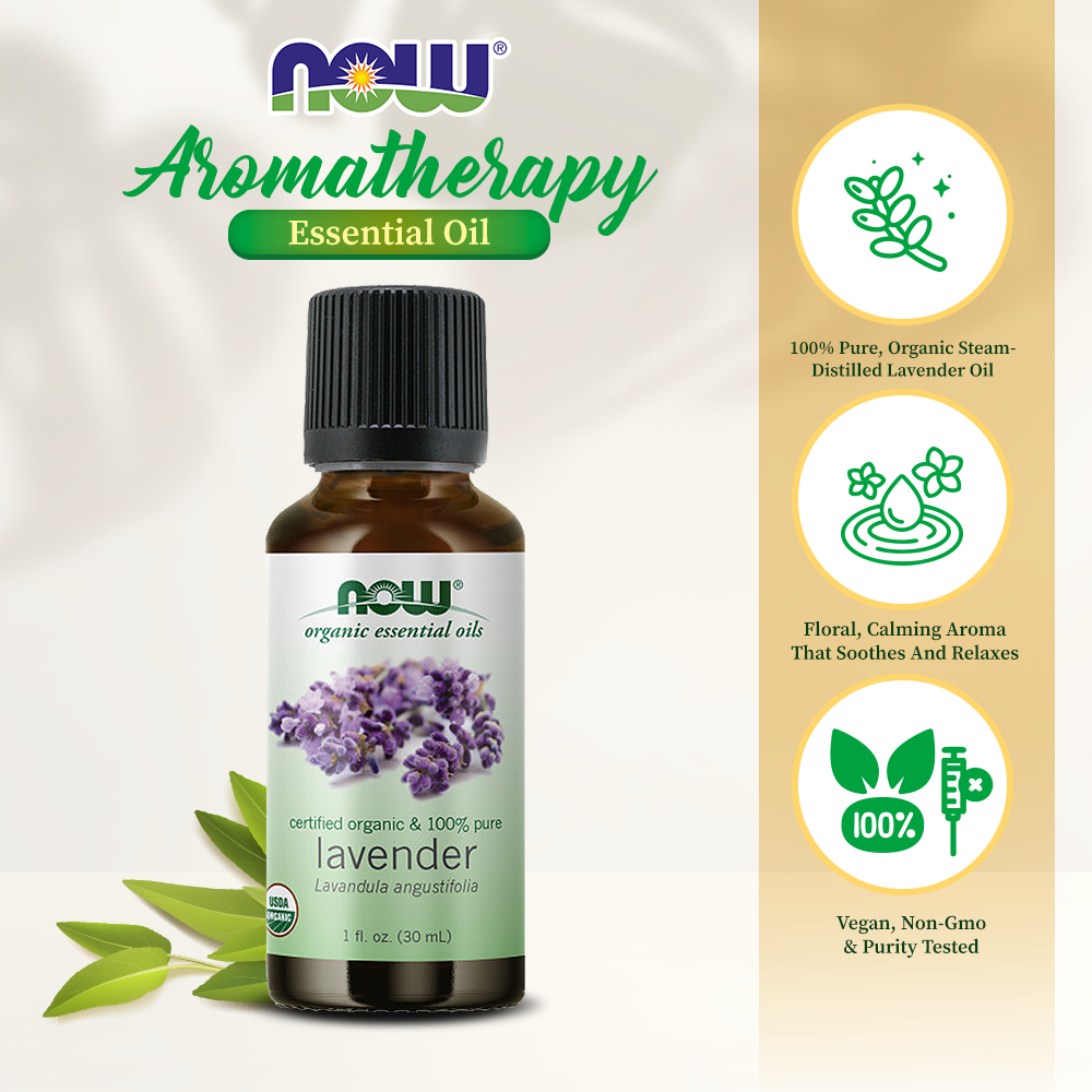 NOW Essential Oils, Organic Lavender Oil, Soothing Aromatherapy Scent, Steam Distilled, 100% Pure, Vegan, Child Resistant Cap, 1-Ounce (30ml)