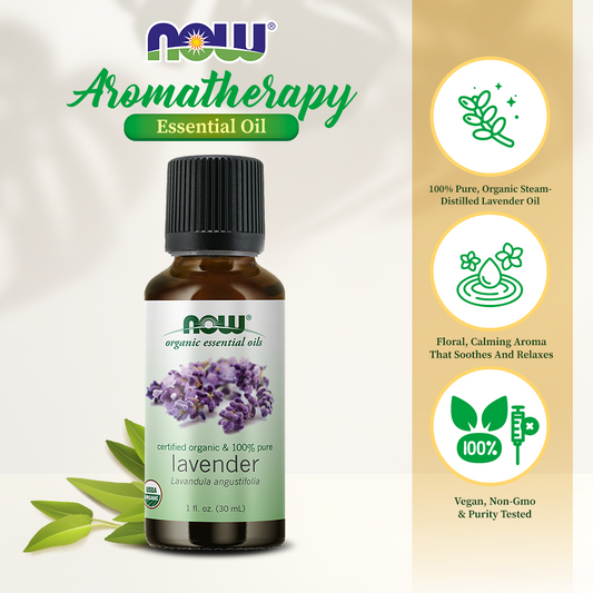 NOW Essential Oils, Organic Lavender Oil, Soothing Aromatherapy Scent, Steam Distilled, 100% Pure, Vegan, Child Resistant Cap, 1-Ounce (30ml)