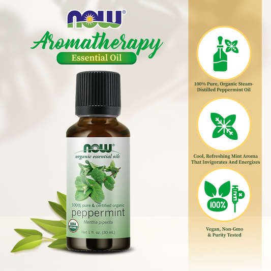 NOW Essential Oils, Organic Peppermint Oil, Invigorating Aromatherapy Scent, Steam Distilled, 100% Pure, Vegan, Child Resistant Cap, 1-Ounce (30ml)