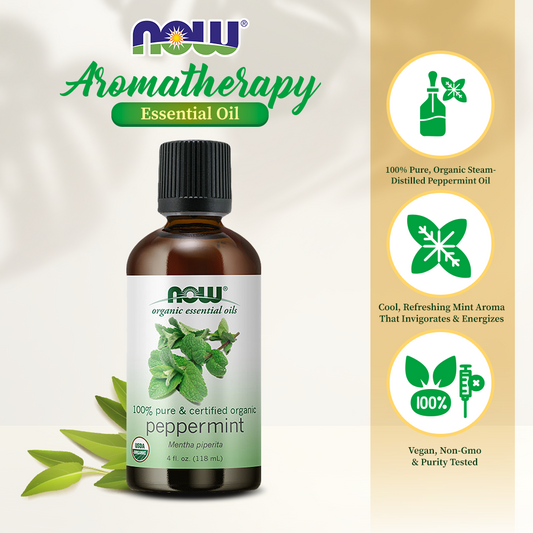 NOW Essential Oils, Organic Peppermint Oil, Invigorating Aromatherapy Scent, Steam Distilled, 100% Pure, Vegan, Child Resistant Cap, 4-Ounce (118 ml)