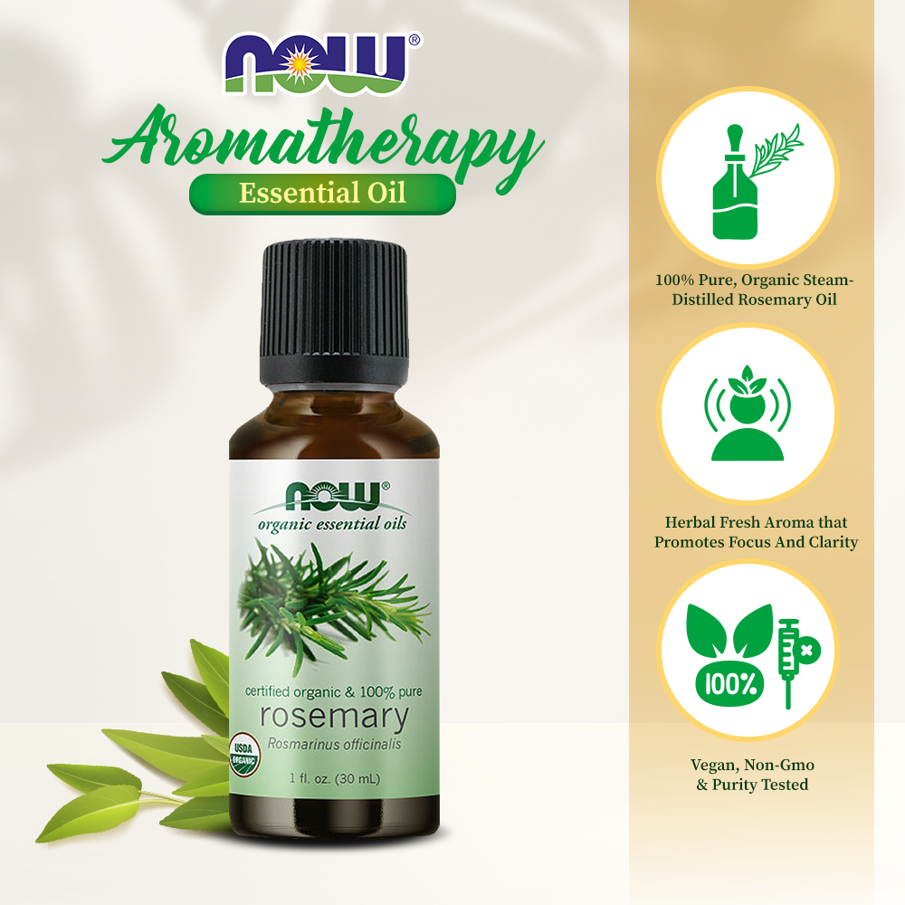 NOW Essential Oils, Organic Rosemary Oil, Purifying Aromatherapy Scent, Steam Distilled, 100% Pure, Vegan, Child Resistant Cap, 1-Ounce (30ml)
