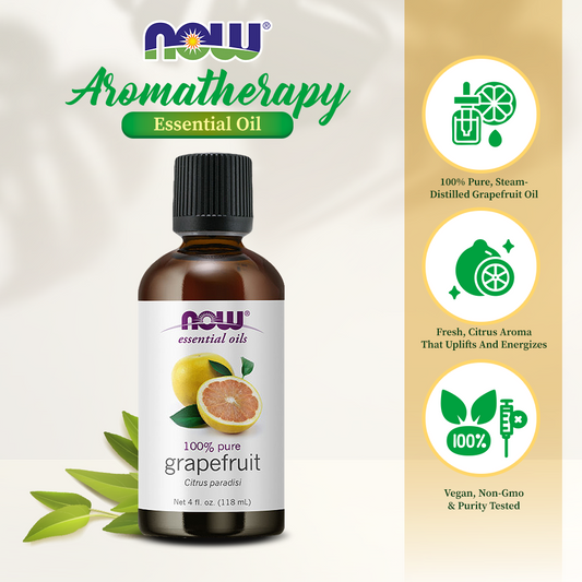 NOW Essential Oils, Grapefruit Oil, Sweet Citrus Aromatherapy Scent, Cold Pressed, 100% Pure, Vegan, Child Resistant Cap, 4-Ounce (118ml)