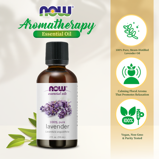 NOW Essential Oils, Lavender Oil, Soothing Aromatherapy Scent, Steam Distilled, 100% Pure, Vegan, Child Resistant Cap, 2-Ounce (59ml)