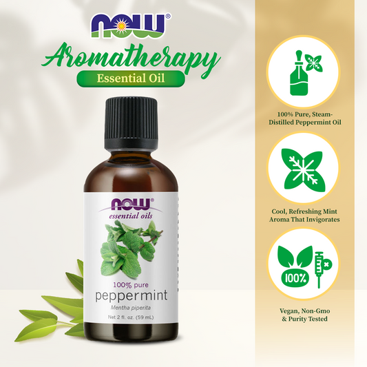 NOW Essential Oils, Peppermint Oil, Invigorating Aromatherapy Scent, Steam Distilled, 100% Pure, Vegan, Child Resistant Cap, 2-Ounce (59ml)