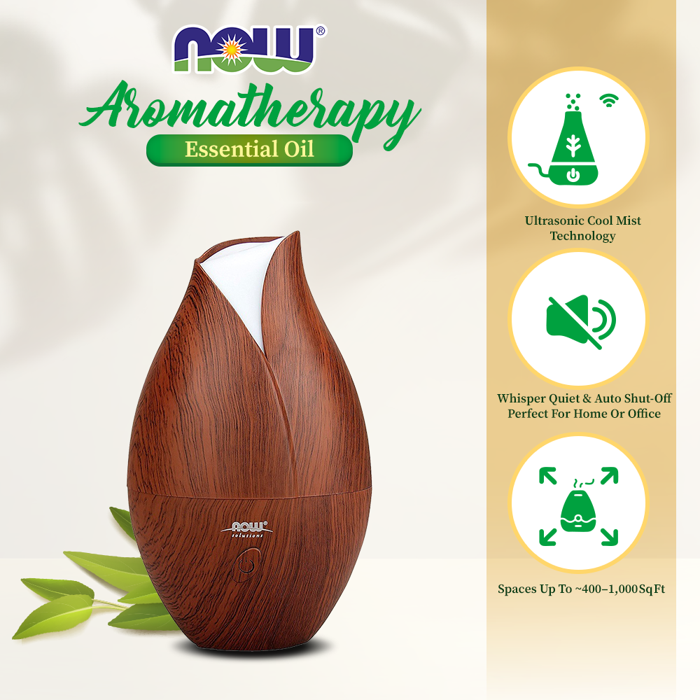 NOW Essential Oils, Ultrasonic Faux Wood Aromatherapy Oil Diffuser, Contemporary Design, Extremely Quiet Heat Free, Color Changing LED Diffuser