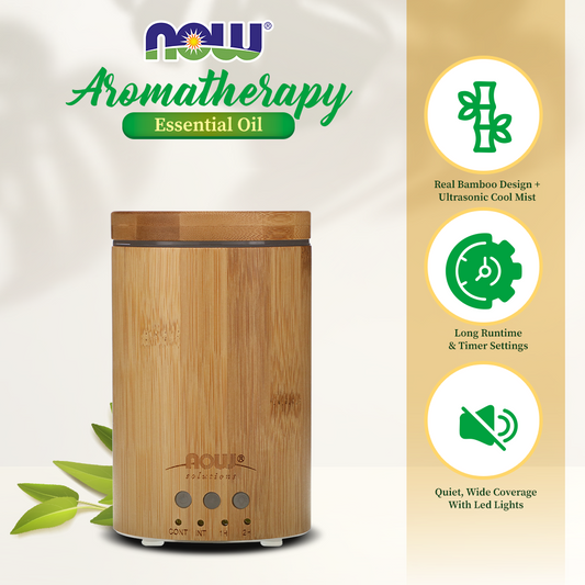 NOW Essential Oils, Ultrasonic Real Bamboo Aromatherapy Oil Diffuser, Extremely Quiet, Heat Free and Easy to Clean, Color Changing LED Diffuser