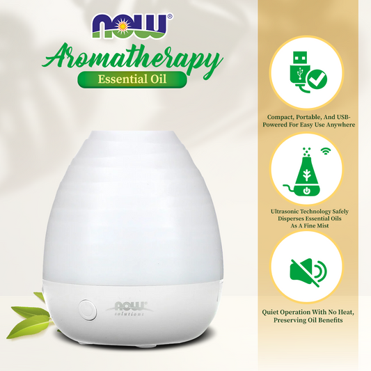 NOW Essential Oils, Ultrasonic USB Aromatherapy Oil Diffuser, Extremely Quiet, Heat Free, and Easy to Clean, Color Changing LED Diffuser