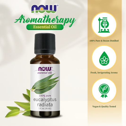 NOW Essential Oils, Eucalyptus Radiata Oil, Revitilizing Aromatherapy Scent, Steam Distilled, 100% Pure, Vegan, Child Resistant Cap, 1-Ounce (30ml)