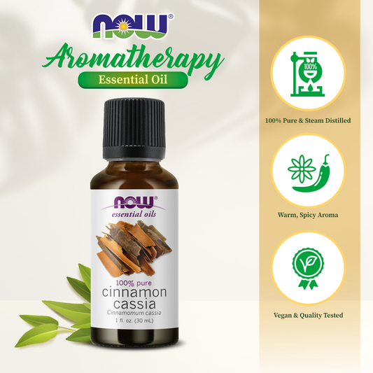 NOW FOODS Essential Oils, Cinnamon Cassia Oil, Warming Aromatherapy Scent, Steam Distilled, 100% Pure, Vegan, Child Resistant Cap, 1-Ounce (30 ml)