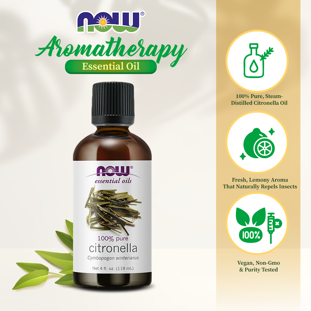 NOW Essential Oils, Citronella Oil, Freshening Aromatherapy Scent, Steam Distilled, 100% Pure, Vegan, Child Resistant Cap, 4-Ounce (118 ml)