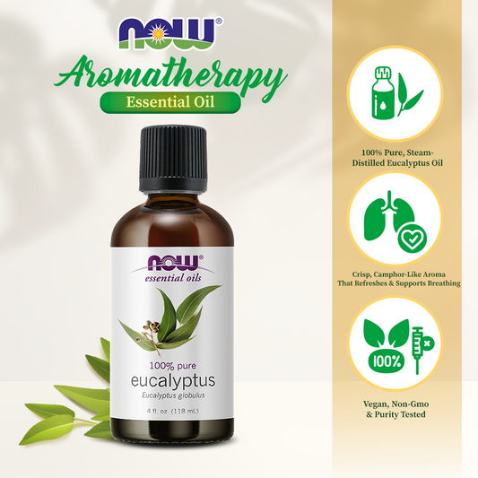 NOW Essential Oils, Eucalyptus Oil, Clarifying Aromatherapy Scent, Steam Distilled, 100% Pure, Vegan, Child Resistant Cap, 4-Ounce (118 ml)