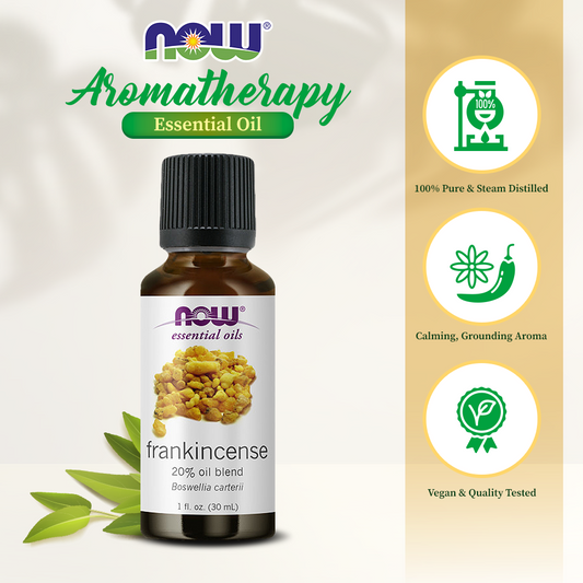 NOW Foods Frankincense Oil Blend, 20% Blend of Pure Frankincense Oil in Pure Jojoba Oil, Centering Aromatherapy Scent,1-Ounce (30ml)