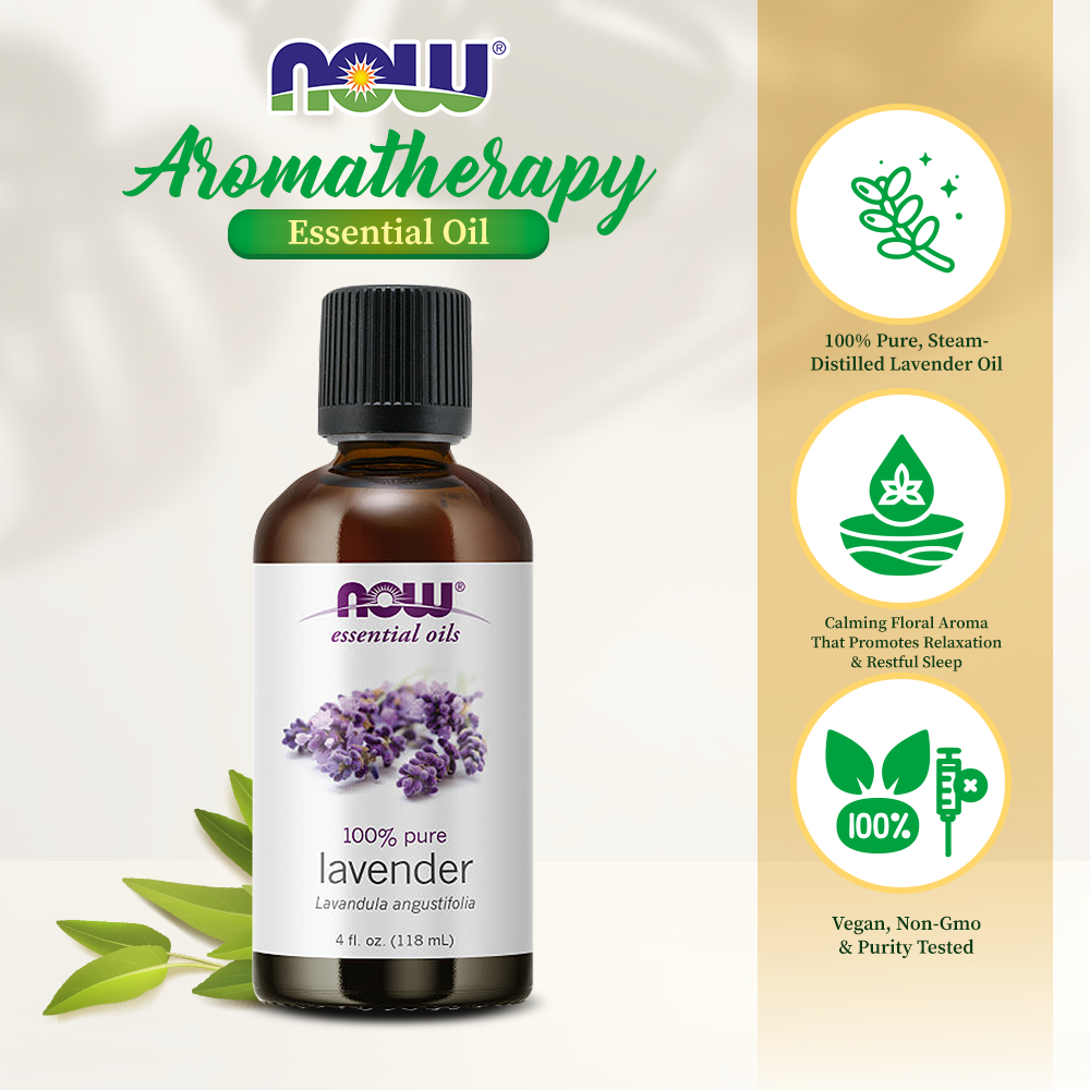 NOW Essential Oils, Lavender Oil, Soothing Aromatherapy Scent, Steam Distilled, 100% Pure, Vegan, 4-Ounce (118 ml)