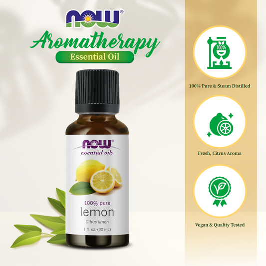 NOW FOODS Essential Oils, Lemon Oil, Cheerful Aromatherapy Scent, Cold Pressed, 100% Pure, Vegan, Child Resistant Cap, 1-Ounce (30 ml)