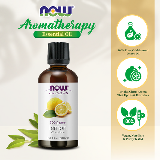 NOW FOODS Essential Oils, Lemon Oil, Cheerful Aromatherapy Scent, Cold Pressed, 100% Pure, Vegan, Child Resistant Cap, 4-Ounce (118 ml)