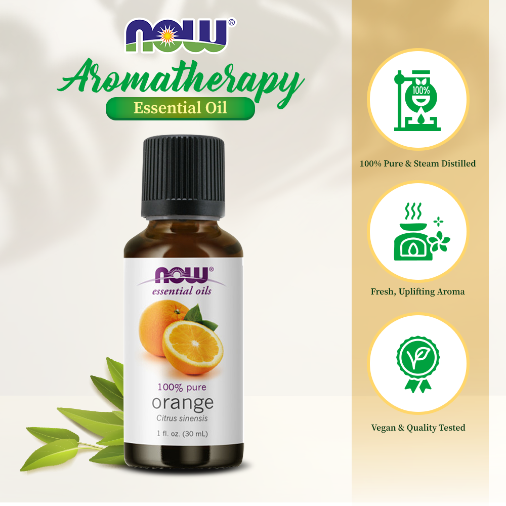 NOW FOODS Essential Oils, Orange Oil, Uplifting Aromatherapy Scent, Cold Pressed, 100% Pure, Vegan, Child Resistant Cap, 1-Ounce(30 ml)