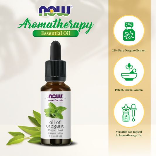 NOW Foods Oil of Oregano, 25% Blend of Pure Oregano Oil in Pure Olive Oil, Comforting Aromatherapy Scent, 1-Ounce (30ml)