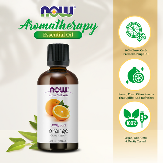 NOW FOODS Essential Oils, Orange Oil, Uplifting Aromatherapy Scent, Cold Pressed, 100% Pure, Vegan, Child Resistant Cap, 4-Ounce (118ml)