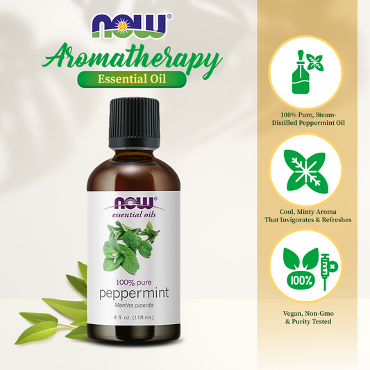 NOW FOODS Essential Oils, Peppermint Oil, Invigorating Aromatherapy Scent, Steam Distilled, 100% Pure, Vegan, Child Resistant Cap, 4-Ounce (118ml)