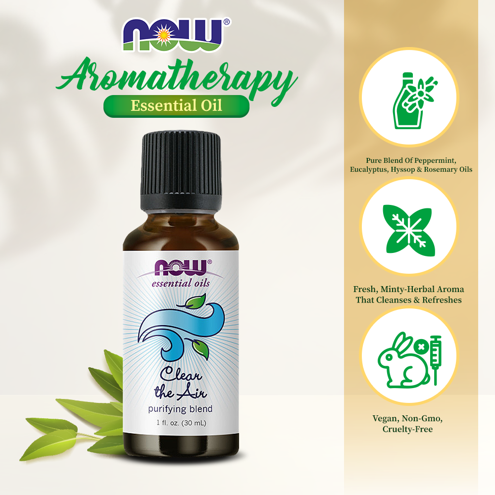 NOW Essential Oils, Clear the Air Oil Blend, Purifying Aromatherapy Scent, Blend of Pure Essential Oils, Steam Distilled, Vegan, Child Resistant Cap, 1-Ounce (30ml)