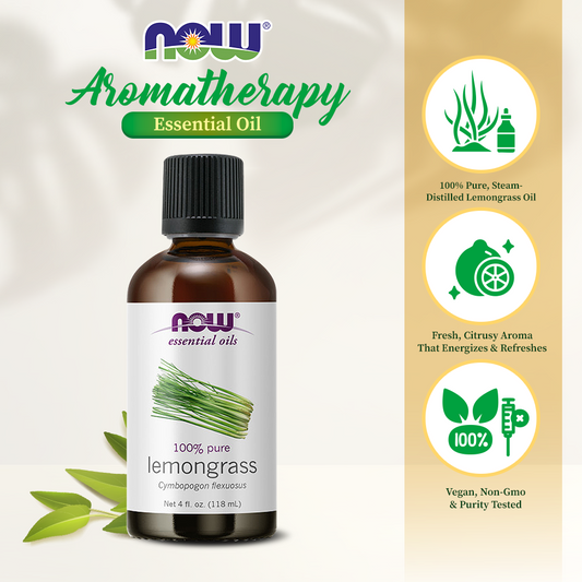 NOW FOODS Essential Oils, Lemongrass Oil, Uplifting Aromatherapy Scent, Steam Distilled, 100% Pure, Vegan, Child Resistant Cap, 4-Ounce (118ml)