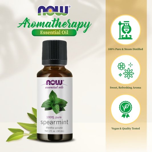 NOW FOODS Essential Oils, Spearmint Oil, Stimulating Aromatherapy Scent, Steam Distilled, 100% Pure, Vegan, Child Resistant Cap, 1-Ounce (30 ml)