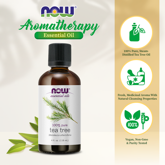 NOW Essential Oils, Tea Tree Oil, Cleansing Aromatherapy Scent, Steam Distilled, 100% Pure, Vegan, 4-Ounce (118ml)
