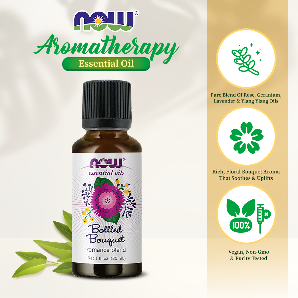 NOW Essential Oils, Bottled Bouquet Oil Blend, Floral Aromatherapy Scent, Blend of Pure Essential Oils, Vegan, Child Resistant Cap, 1-Ounce (30ml)