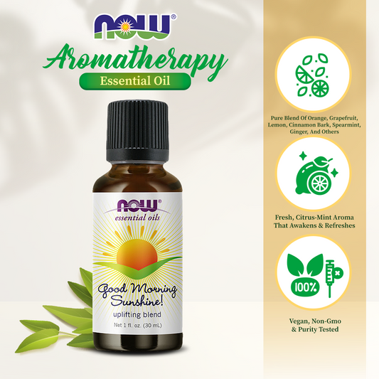 NOW Essential Oils, Good Morning Sunshine Aromatherapy Blend, Soothing Aromatherapy Scent, Blend of Pure Essential Oils, Vegan, Child Resistant Cap, 1-Ounce (30ml)