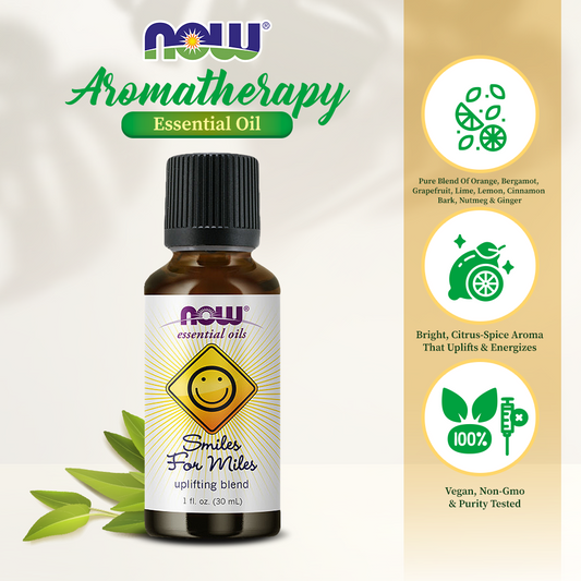 NOW Essential Oils, Smiles for Miles Aromatherapy Blend, Refreshing Aromatherapy Scent, Blend of Pure Essential Oils, Vegan, Child Resistant Cap, 1-Ounce (30ml)