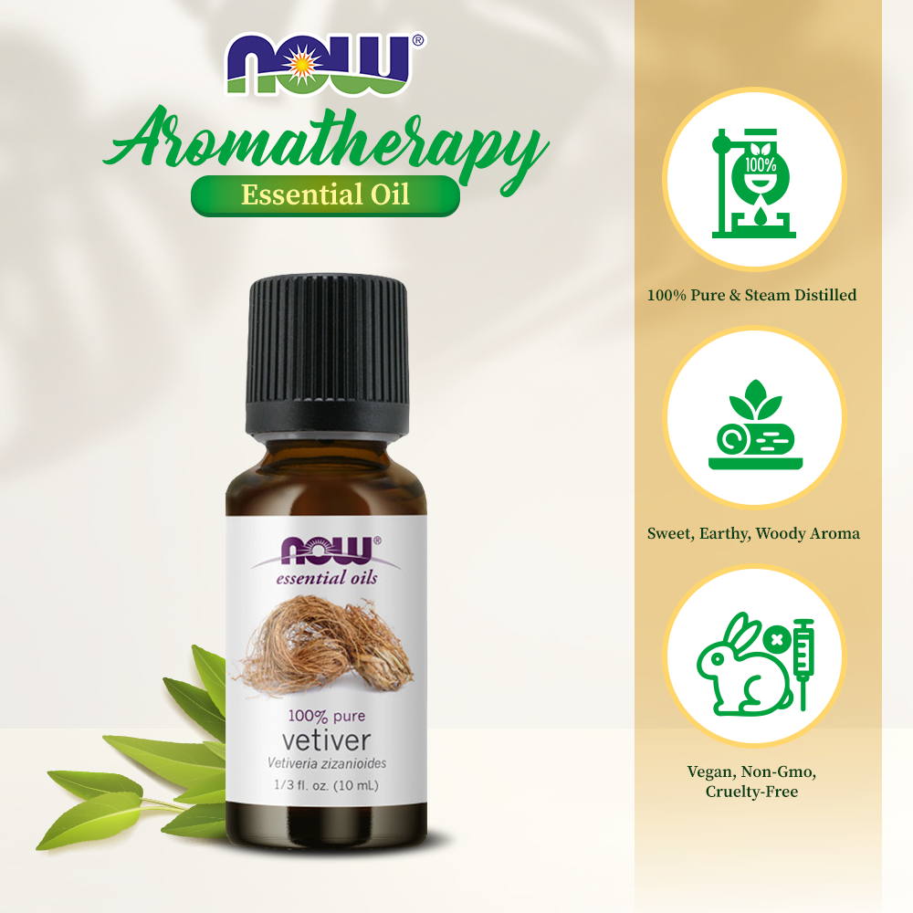 NOW Essential Oils, Vetiver Oil, Woodsy Aromatherapy Scent, Steam Distilled, 100% Pure, Child Resistant Cap, (10ml)