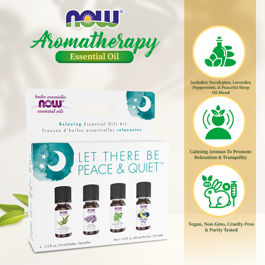 NOW Let There Be Peace & Quiet Aromatherapy Kit, 4x 10ml Incl Lavender Oil, Peppermint Oil, Eucalyptus Oil and Peaceful Sleep Oil Blend