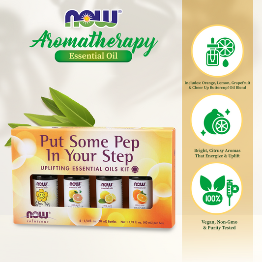 NOW Put Some Pep in Your Step Uplifting Aromatherapy Kit, 4x10ml Incl Orange Oil, Lemon Oil, Grapefruit Oil and Cheer Up Buttercup Oil Blend