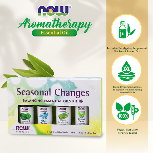 NOW Seasonal Changes Balancing Aromatherapy Kit, 4x10ml Incl Tea Tree, Eucalyptus Radiata, Clear the Air and Nature's Shield Oil Blend