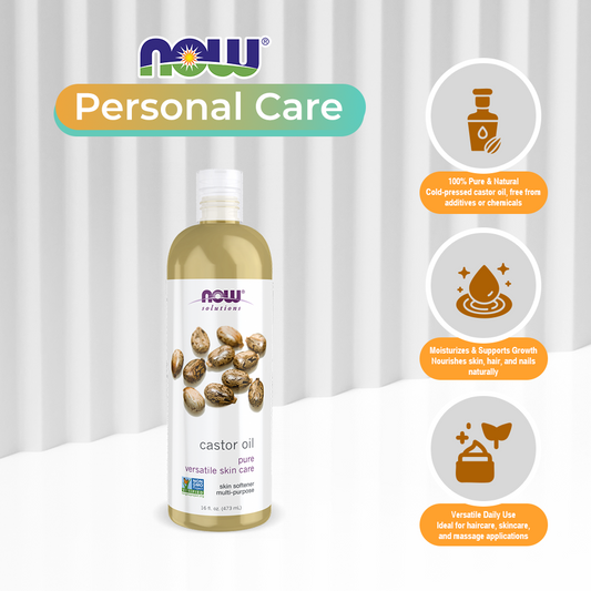 NOW Solutions, Castor Oil, 100% Pure Versatile Skin Care, Multi-Purpose Skin Softener, 16-Ounce (473ml)