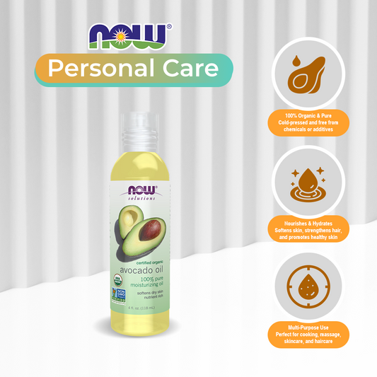 NOW Solutions, Organic Avocado Oil, 100% Pure Moisturizing Oil, Nutrient Rich and Hydrating, (118 ml)