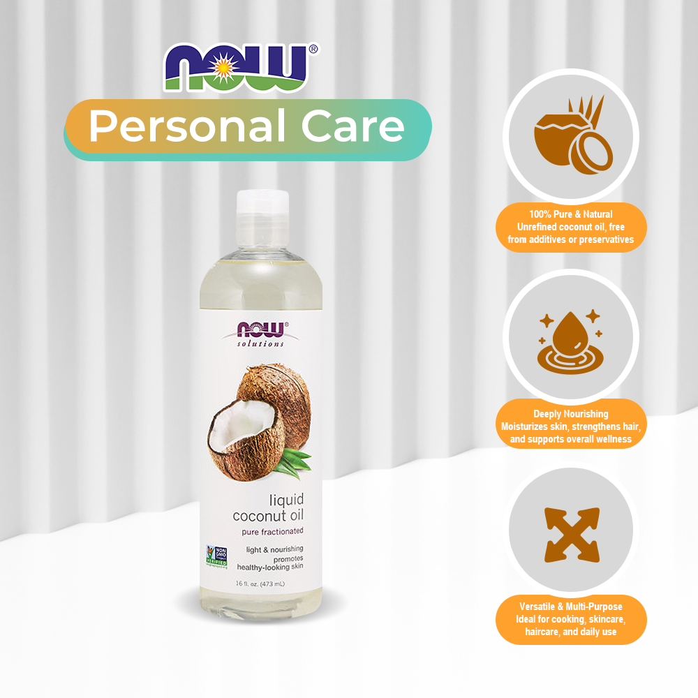 NOW Solutions, Liquid Coconut Oil, Light and Nourishing, Promotes Healthy-Looking Skin and Hair, 16-Ounce (473 ml)